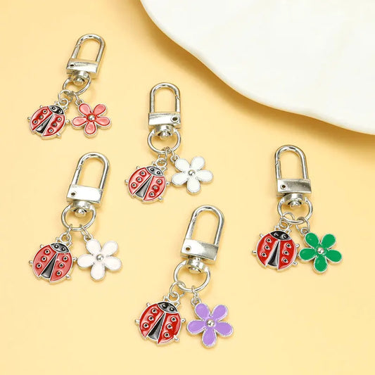 Ladybug and Flower Metal Bag Charm - Cute Handbag Accessory - ANNELIE 