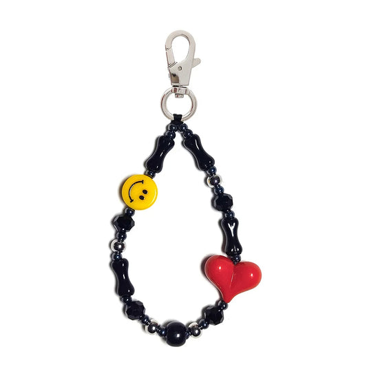 Smiley Red Heart & Black Bones Beaded Bag Charm